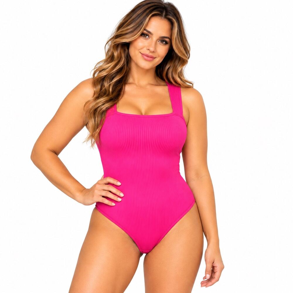 OQQ Womens Ribbed Square Neck Bodysuit Hot Pink Tummy Control Sleeveless Medium